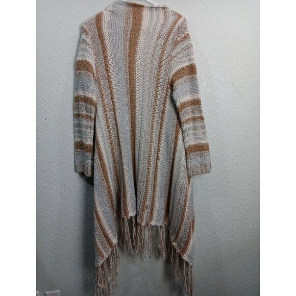 Knox Rose Long Knit Cardigan Duster Womens Large Open Front Fringe Boho Neutral - Picture 5 of 6